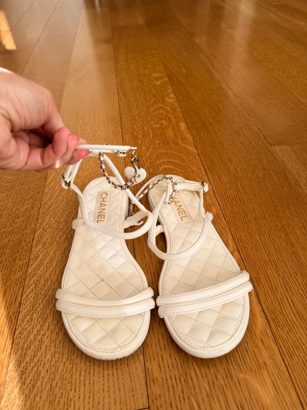 CHANEL white Leather Ankle-Strap Sandals with Chain Accent Size 38
